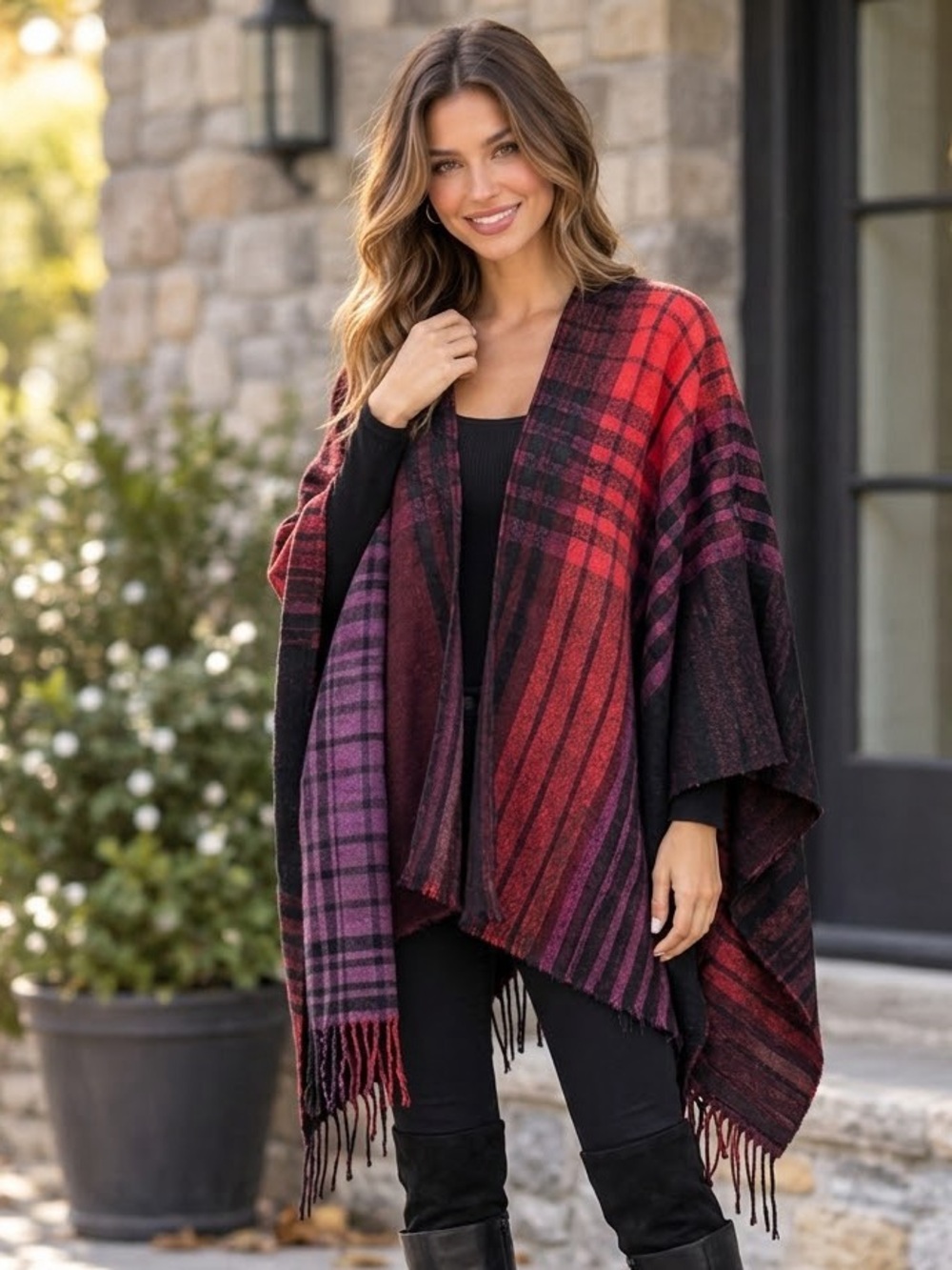 Lucky Brand Plaid Fringe Wrap One Size NWT Burgundy Red Black